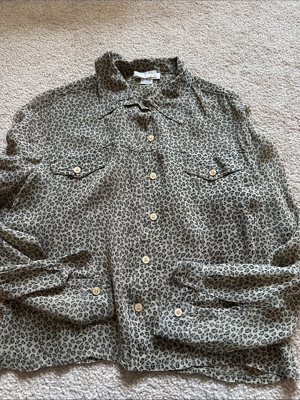 Semi-Sheer Leopard Print Button-Down Blouse - Taupe - Picture 7 of 8
